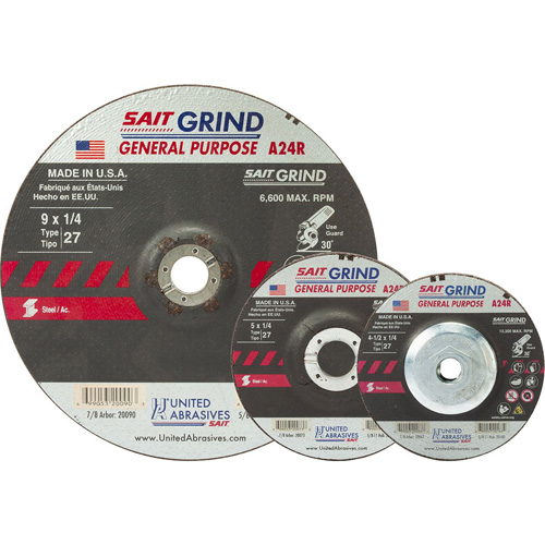 A24R Long Life Grinding Wheel, 4-1/2" x 1/4", 7/8" Arbor, Aluminum Oxide, Type 27 R.M.G. Prévention