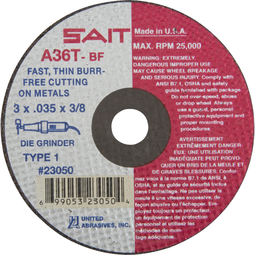Cut-Off Wheel (A36T), 3" x 0.035", 3/8" Arbor, Type 27, Aluminum Oxide, 25000 RPM R.M.G. Prévention