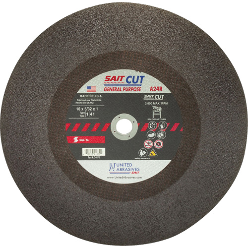 Cut-Off WHEEL A24R, 16" x 5/32", 1" Arbor, Type 1, Aluminum Oxide, 3800 RPM R.M.G. Prévention