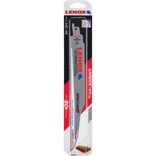 Lame de scie alternative pour d&eacute;molitions, Carbure, 6 Dents par pouce, 9" lo x 1" la R.M.G. Prévention