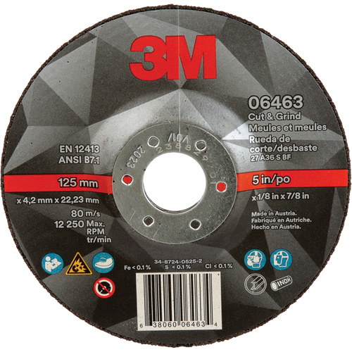 Cut & Grind Wheel, 5" x 1/8", 7/8" Arbor, Type 27, Ceramic R.M.G. Prévention