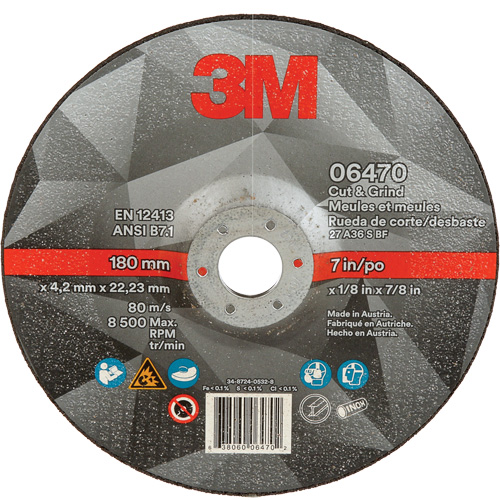 Cut & Grind Wheel, 7" x 1/8", 7/8" Arbor, Type 27, Ceramic R.M.G. Prévention