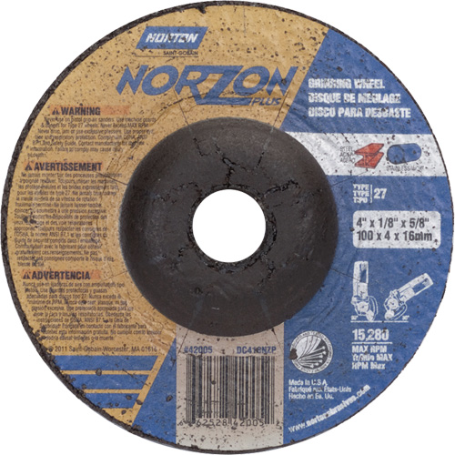 NorZon Plus SGZ Grinding Wheel, 4" x 1/8", 5/8" Arbor, Ceramic Alumina, Type 27 R.M.G. Prévention