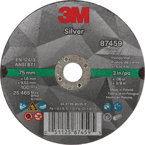Silver Cut-Off Wheel, 3" x 0.06", 3/8"-24 Arbor, Type 1, Ceramic, 25645 RPM R.M.G. Prévention