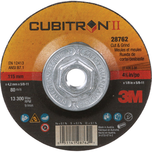 Cubitron II Quick Change Cut & Grind Wheel, 4-1/2" x 1/8", 5/8"-11 Arbor, Type 27, Ceramic R.M.G. Prévention