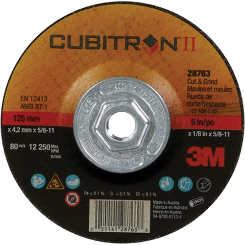 Cubitron II Quick Change Cut & Grind Wheel, 5" x 1/8", 5/8"-11 Arbor, Type 27, Ceramic R.M.G. Prévention