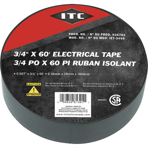 IET-3460 Ruban isolant, Ruban &eacute;lectrique, Rubans isolant, 19 mm (3/4") x 18,28 m (60'), Noir R.M.G. Prévention