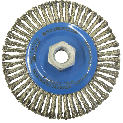 Brosses m&eacute;talliques &agrave; touret, Dia. 5-7/8", Fils 0,02", Arbre 5/8"-11, Acier inoxydable R.M.G. Prévention
