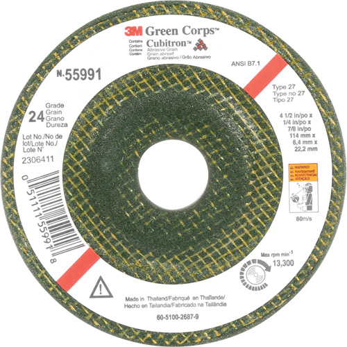 Meule &agrave; moyeu d&eacute;port&eacute; Green Corps, 4-1/2" x 1/4", Arbre 7/8", C&eacute;ramique, Type 27 R.M.G. Prévention