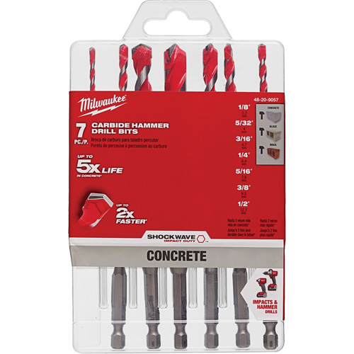 Grand jeu de forets pour perceuse &agrave; percussion Shockwave, 7 morceaux, Carbure R.M.G. Prévention