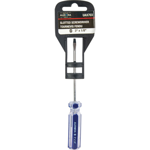 Tournevis &agrave; fente bleu transparent avec bandes , Tige de 1/8", Ronde, Prise en Plastique R.M.G. Prévention