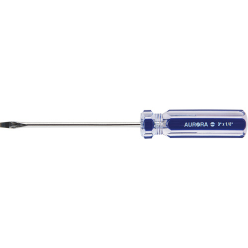 Tournevis &agrave; fente bleu transparent avec bandes , Tige de 1/8", Ronde, Prise en Plastique R.M.G. Prévention