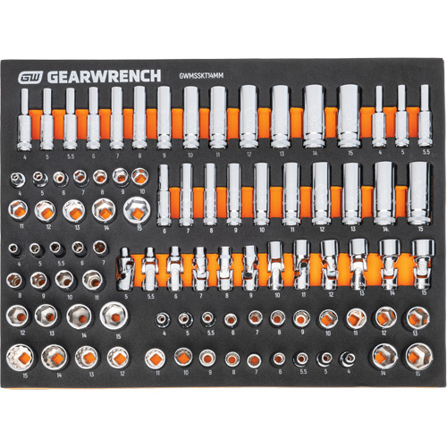 Jeu d'outils m&eacute;triques pour m&eacute;canicien MEGAMOD dans des plateaux en mousse modulaire avec armoire roulante &agrave; outils, 358 morcea R.M.G. Prévention