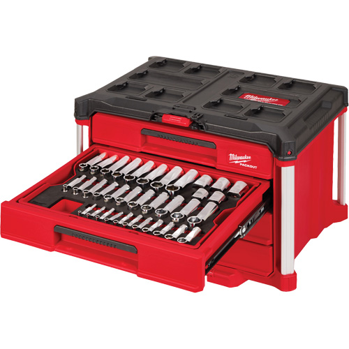 Ensemble de 242 pi&egrave;ces de douilles et cliquets m&eacute;triques et SAE 1/4", 3/8" et 1/2" avec boîte &agrave; outils PACKOUT &agrave; 4 tiroirs, 16-3/10" x 22-1/5" x 14-3/10", Noir/Rouge R.M.G. Prévention