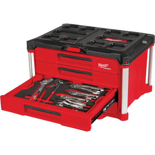 Ensemble de 64 outils &agrave; main avec boîte &agrave; outils PACKOUT &agrave; 4 tiroirs, 16-3/10" x 22-1/5" x 14-3/10", Noir/Rouge R.M.G. Prévention