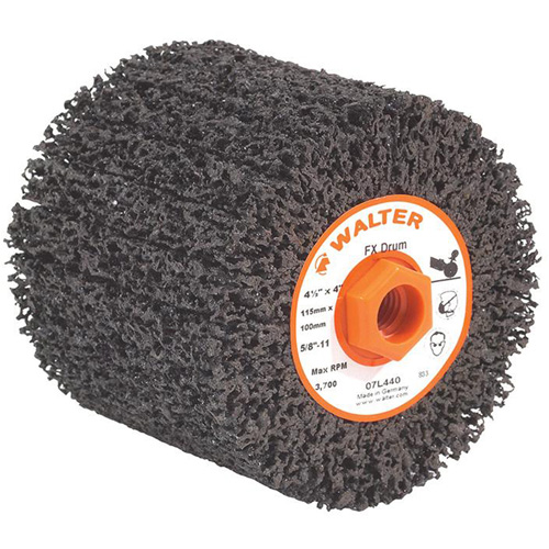 FX Cleaning & Finishing Drum, 4-1/4" Dia. x 4" W, 5/8"-11 Arbor, Coarse Grit R.M.G. Prévention