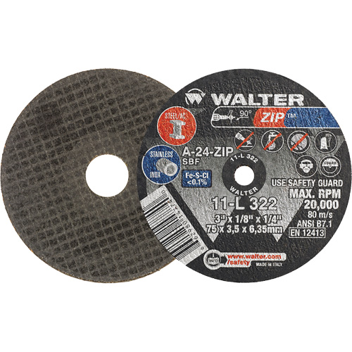 Zip Cut-Off Wheel, 3" x 1/8", 1/4" Arbor, Type 1, Aluminum Oxide, 25470 RPM R.M.G. Prévention