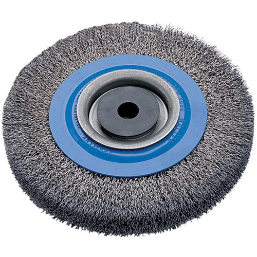 Crimped Wire Bench Wheel Brush, 8" Dia., 0.0118" Fill, 5/8" - 1-1/4" Arbor R.M.G. Prévention