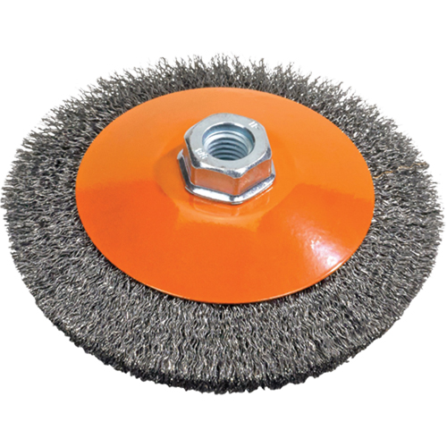 Brosse soucoupe &agrave; fils nou&eacute;s torsad&eacute;s, Dia. 5", Fils 0,02", Arbre 5/8"-11, Acier R.M.G. Prévention