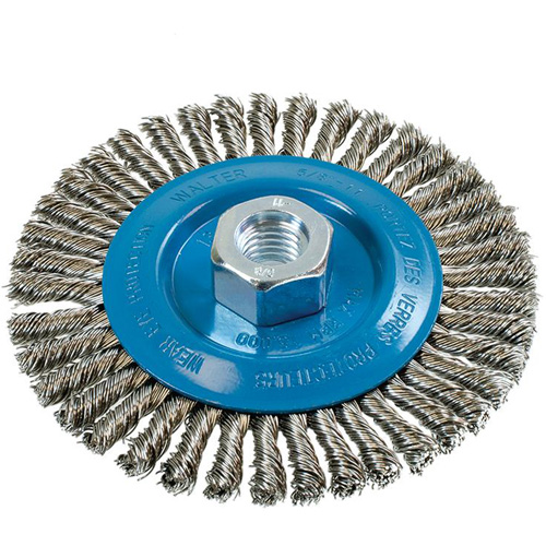 Knot-Twisted Stringer Bead Wire Wheel, 5" Dia., 0.02" Fill, 5/8"-11 Arbor, Aluminum/Stainless Steel R.M.G. Prévention