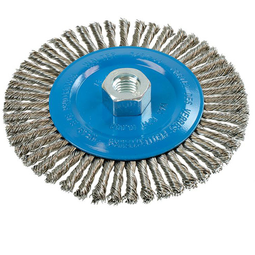 Brosse &agrave; fils &eacute;troits nou&eacute;s et torsad&eacute;s, Dia. 6", Fils 0,02", Arbre 5/8"-11, Aluminium/Acier inoxydable R.M.G. Prévention