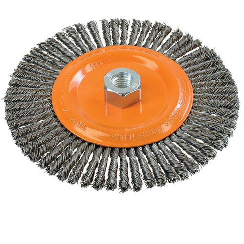 Brosse &agrave; fils nou&eacute;s pour cordons de soudure, Dia. 6-7/8'', Fils 0,02", Arbre 5/8"-11, Acier R.M.G. Prévention
