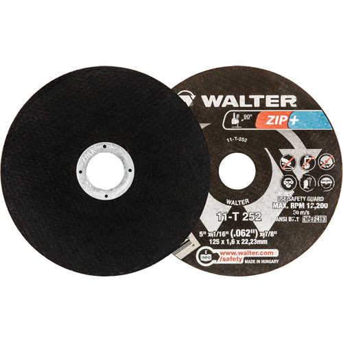 Meules &agrave; tronçonner renforc&eacute;es Zip+ pour meuleuse &agrave; angle droit, 5" x 1/16", Arbre de 7/8", Type 1, Alumine de zirconium, 12 200 Tr/min R.M.G. Prévention