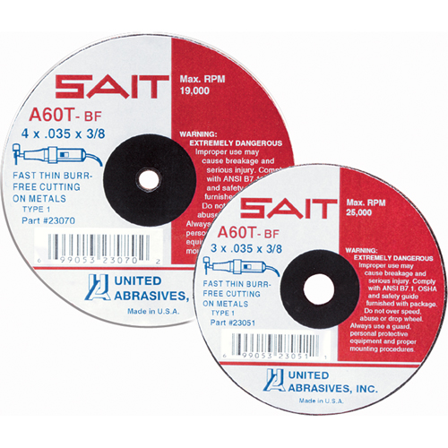 Meule &agrave; tronçonner, 4" x 0,045", Arbre de 5/8", Type 27, Oxyde d'aluminium, 13500 Tr/min R.M.G. Prévention