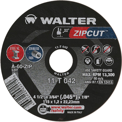 Zipcut Cut-Off Wheel, 4-1/2" x 3/64", 7/8" Arbor, Type 1, Aluminum Oxide, 13300 RPM R.M.G. Prévention