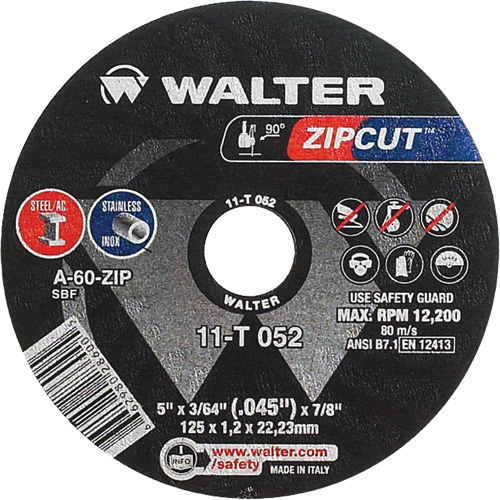 Meule &agrave; tronçonner Zipcut, 5" x 3/64", Arbre de 7/8", Type 1, Oxyde d'aluminium, 12 200 Tr/min R.M.G. Prévention