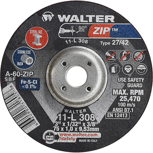 Zip Cutting and Grinding Wheel, 3" x 1/13", 3/8" Arbor, Type 27, 60 Grit, Aluminum Oxide R.M.G. Prévention