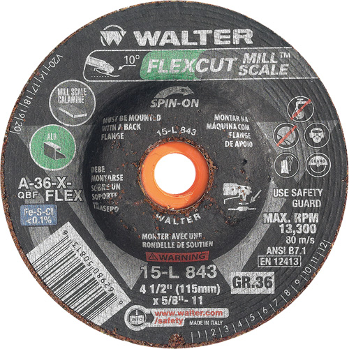FLEXCUT MILL SCALE Grinding Wheel, 4-1/2", 36 Grit, Aluminum Oxide, 5/8"-11, 13300 RPM, Type 29 R.M.G. Prévention