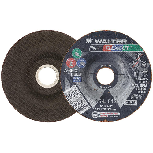 FLEXCUT Grinding Wheel, 5", 36 Grit, Aluminum Oxide, 7/8", 12200 RPM, Type 29 R.M.G. Prévention