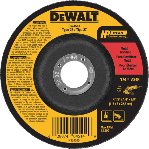 High Performance Metal Grinding Wheel, 4-1/2" x 1/4", 7/8" Arbor, Aluminum Oxide, Type 27 R.M.G. Prévention