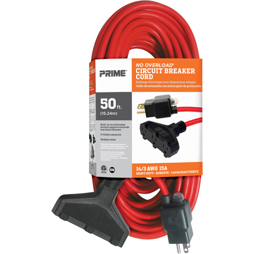 Vinyl Extension Cord, Outdoor, SJTW, 14/3 AWG, 15 A, 3 Outlet(s), 50' R.M.G. Prévention