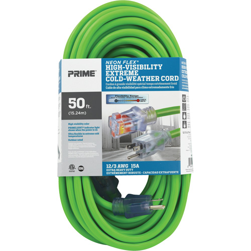 Neon Flex&reg; High Visibility Extension Cord, Outdoor, SJTW, 12/3 AWG, 15 A, 50' R.M.G. Prévention
