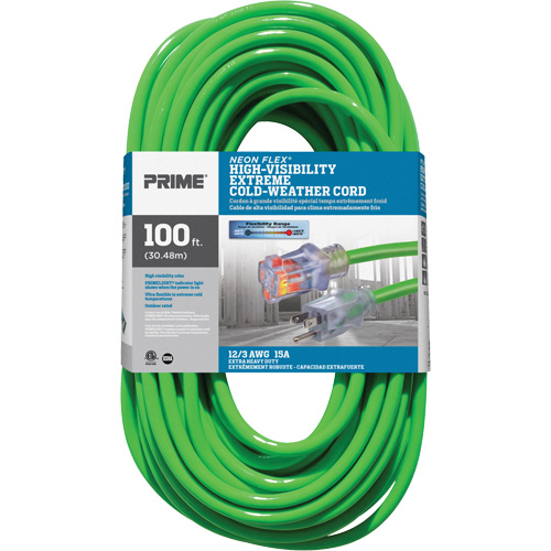 Neon Flex&reg; High Visibility Extension Cord, Outdoor, SJTW, 12/3 AWG, 15 A, 100' R.M.G. Prévention