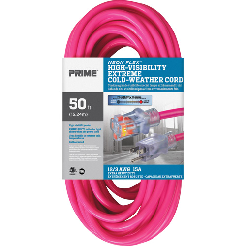 Neon Flex&reg; High Visibility Extension Cord, Outdoor, SJTW, 12/3 AWG, 15 A, 50' R.M.G. Prévention