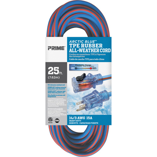 Arctic Blue Extension Cord, All-Weather, SJEOW, 14/3 AWG, 15 A, 25' R.M.G. Prévention