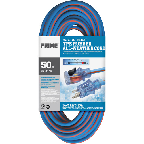 Arctic Blue Extension Cord, All-Weather, SJEOW, 14/3 AWG, 15 A, 50' R.M.G. Prévention