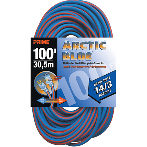 Arctic Blue Extension Cord, All-Weather, SJEOW, 14/3 AWG, 13 A, 100' R.M.G. Prévention