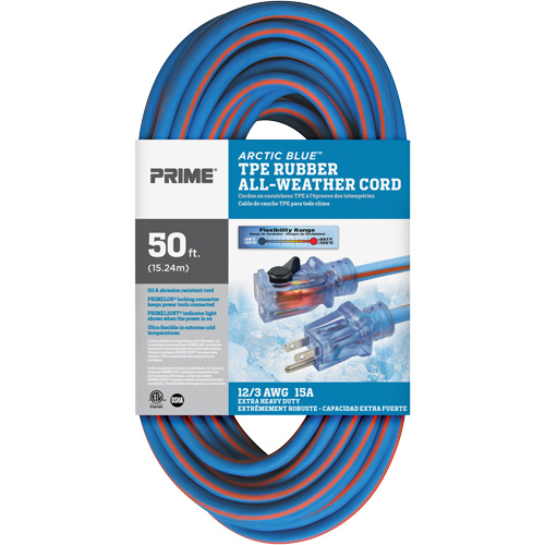 Arctic Blue TPE-Rubber Locking Extension Cord, All-Weather, SJEOW, 12/3 AWG, 15 A, 50' R.M.G. Prévention