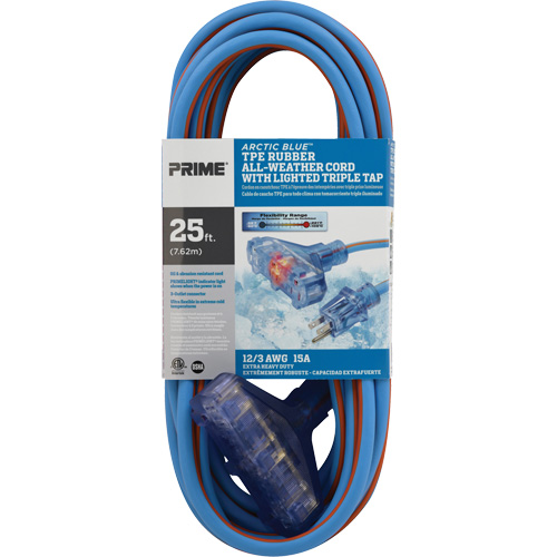 Arctic Blue TPE-Rubber Extension Cord, All-Weather, SJEOW, 12/3 AWG, 15 A, 3 Outlet(s), 25' R.M.G. Prévention
