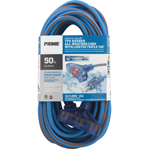 Cordons rallonges en caoutchouc TPE Arctic Blue, Toutes saisons, SJEOW, AWG 12/3, 15 A, 3 prise(s), 50' R.M.G. Prévention