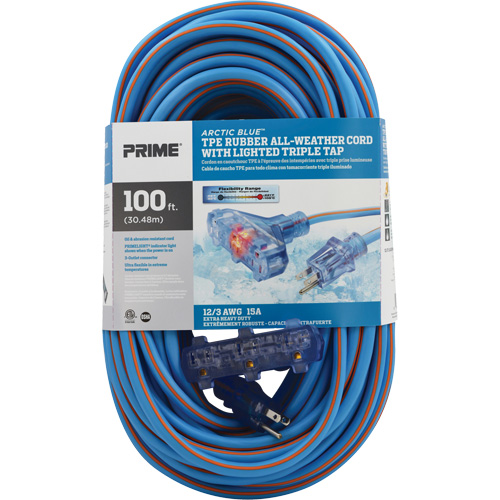 Cordons rallonges en caoutchouc TPE Arctic Blue, Toutes saisons, SJEOW, AWG 12/3, 15 A, 3 prise(s), 100' R.M.G. Prévention