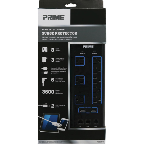 USB Charging Surge Protectors, 8 Outlets, 3600 J, 1875 W, 6' Cord R.M.G. Prévention