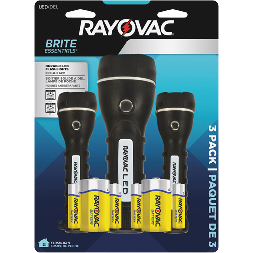 Ensemble de lampes de poche robustes caoutchout&eacute;es Brite Essentials, DEL, 40/26 lumens, Piles D/AA R.M.G. Prévention