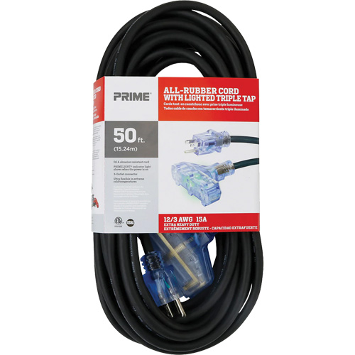 All-Rubber Extension Cord, Outdoor, SJOOW, 12/3 AWG, 15 A, 3 Outlet(s), 50' R.M.G. Prévention