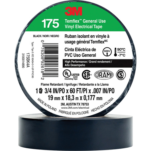 Temflex General Use Vinyl Electrical Tape 175, 19 mm (3/4") x 18 M (60'), Black, 7 mils R.M.G. Prévention