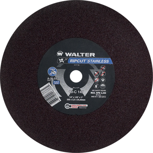 Meule &agrave; tronçonner Ripcut II pour la coupe de l'acier inoxydable sur scies fixes, 14" x 1/8", Arbre de 1", Type 1, Oxyde d'aluminium, 4400 Tr/min R.M.G. Prévention